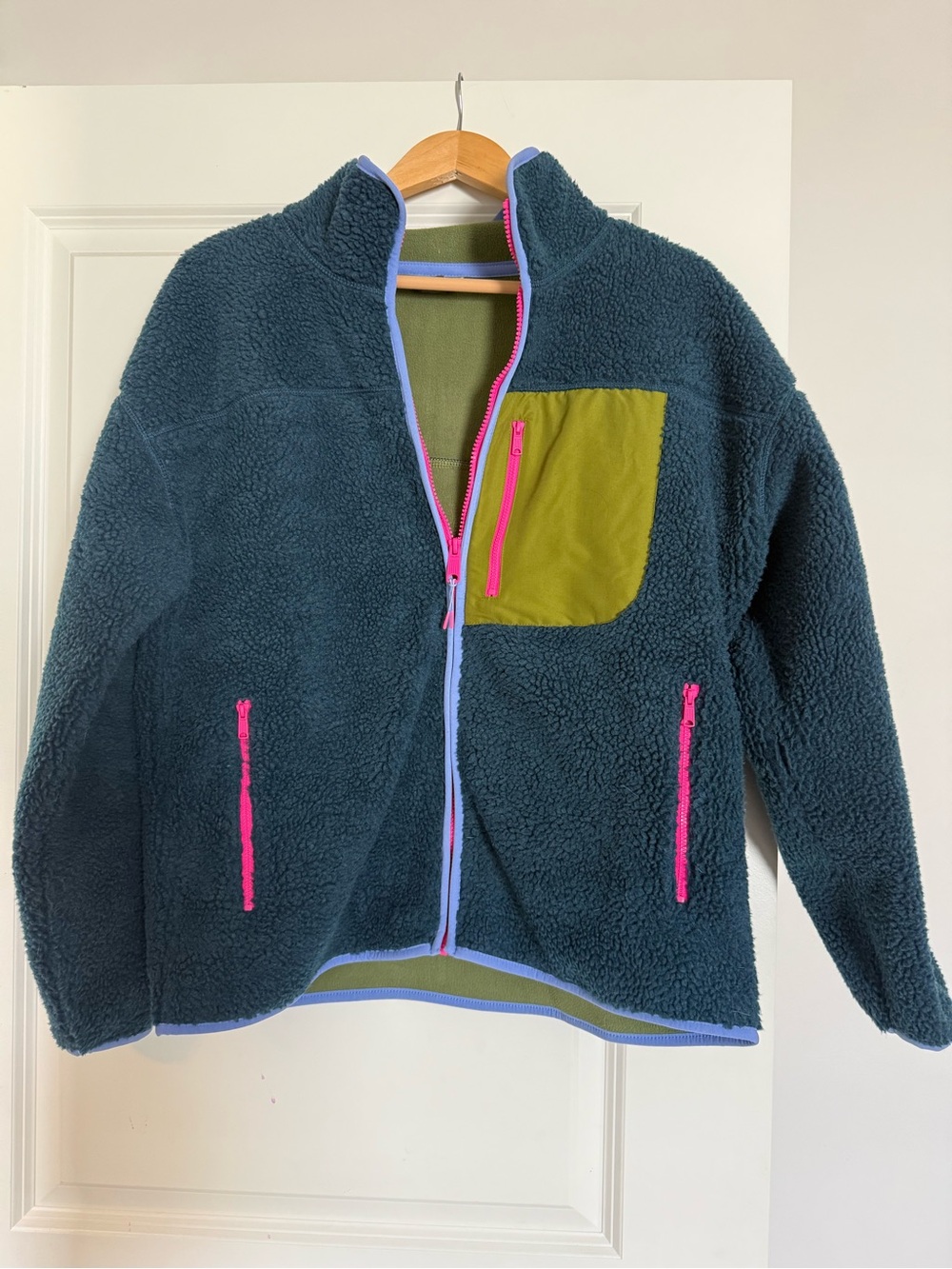 Women’s Dark Teal Fleece Jacket with Olive Pocket retro look like new